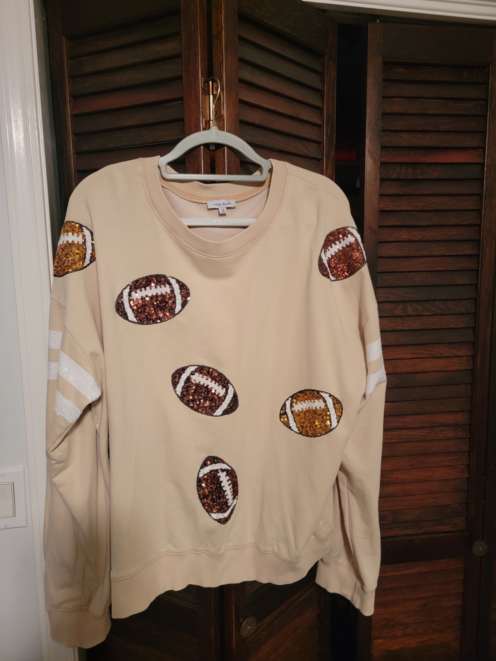 white birch Beige Sequin Football Appliqué Crewneck